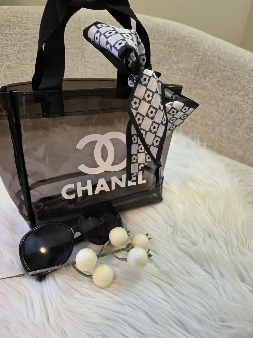 Clear Black Tote Bag with Signature Logo and Scarf Accent